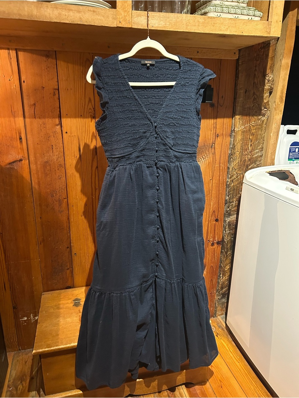Quince Navy Blue V-Neck Button-Front Maxi Dress
